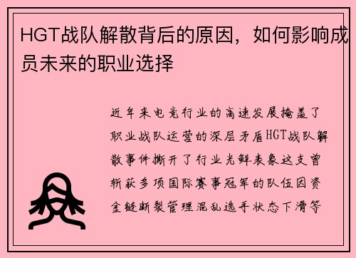 HGT战队解散背后的原因，如何影响成员未来的职业选择